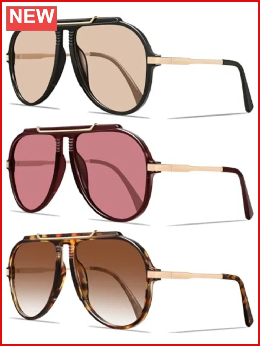 Retro Oversized Aviator Sunglasses Unisex Metal Frame UV Protection